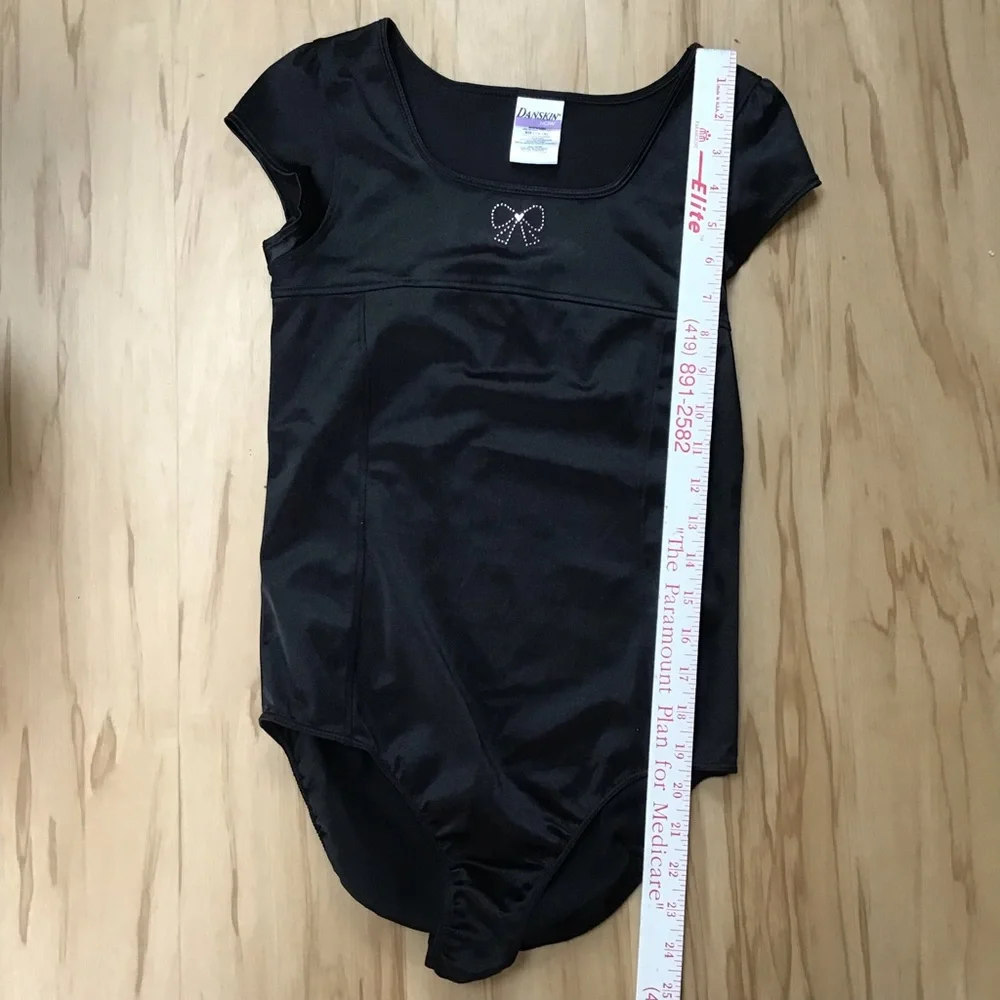 Danskin Now Black Soot Pink Bow‎ Silver Heart Bling Dance Costume Leotard 14/16